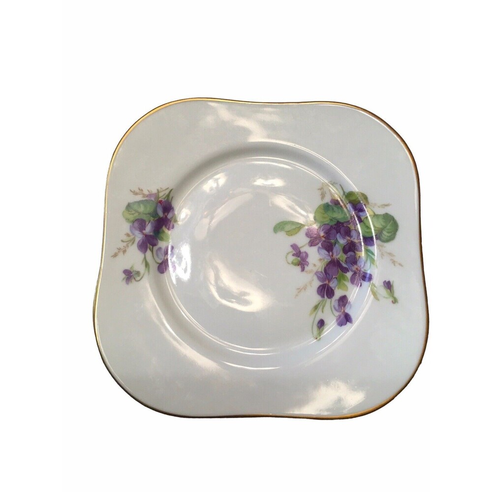 Swedish Porcelain Violets  1970's, 8 Luncheon Plates Square shape gold trimmed